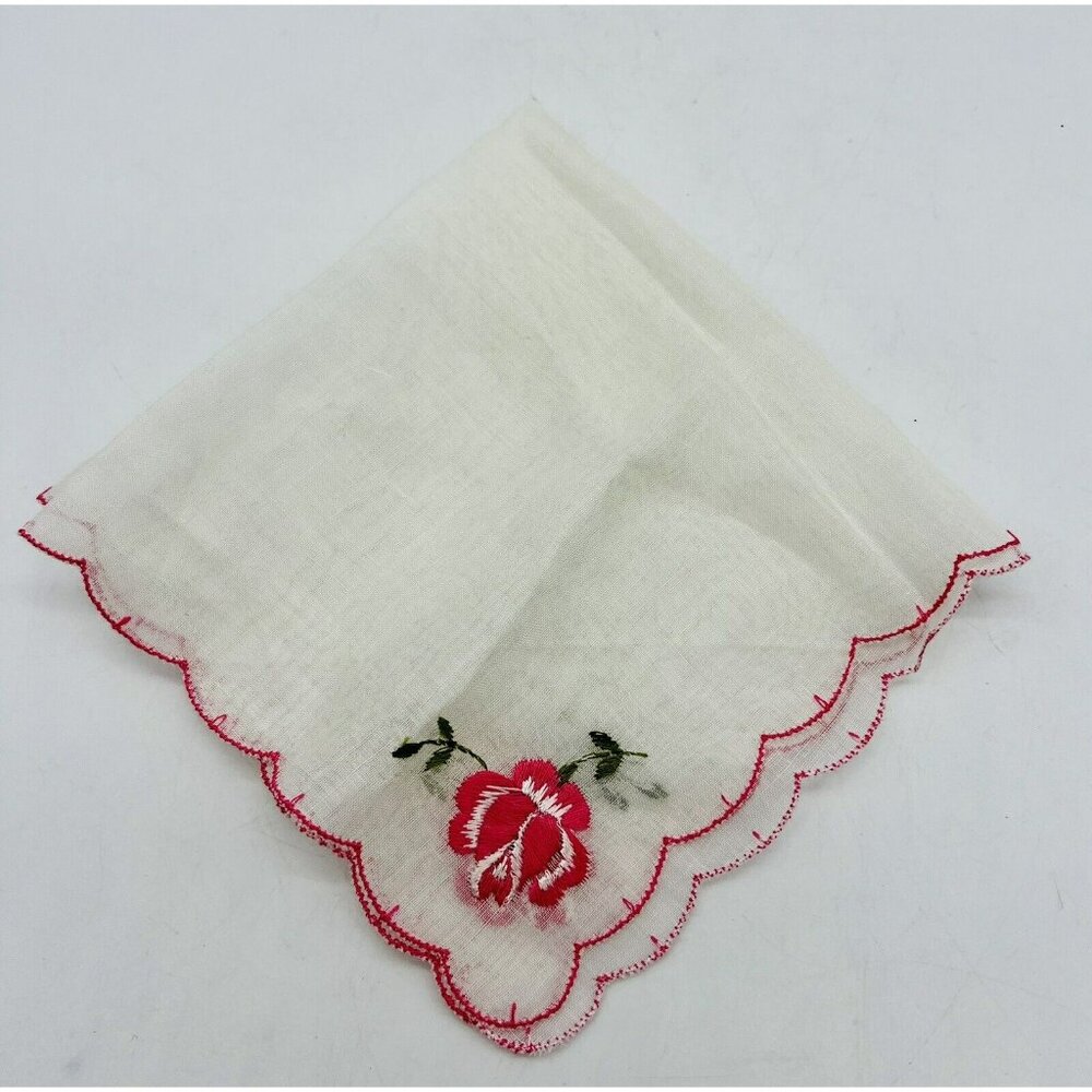 Vintage Womens Sheer White Hankie Red Rose Floral Embroidered Scalloped Edge‎